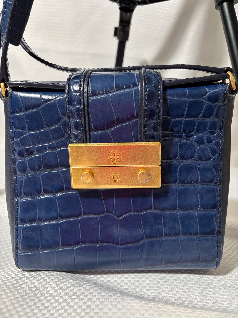 Tory Burch Navy Croc-Embossed Mini Crossbody with Gold Hardware